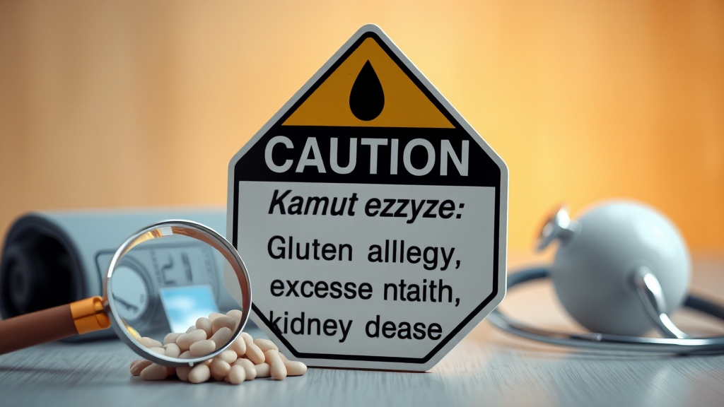 카무트 효소 섭취 시 주의사항 (realistic 스타일)