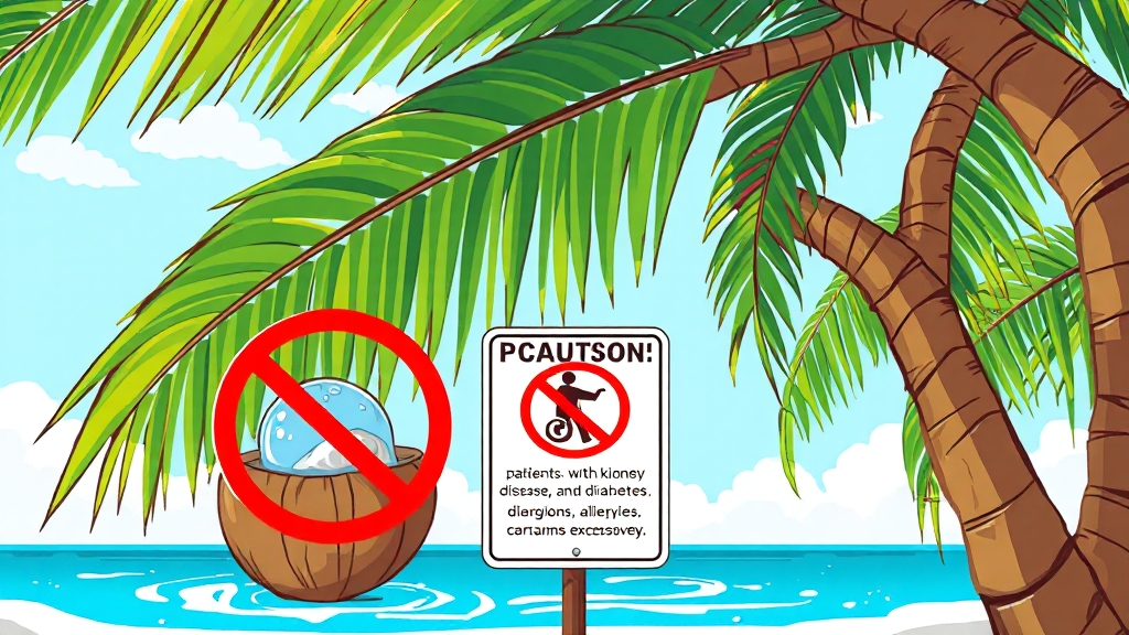 코코넛워터 섭취 시 주의사항 (cartoon 스타일)