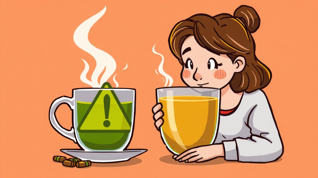 마테차 섭취 시 주의사항 (cartoon 스타일)